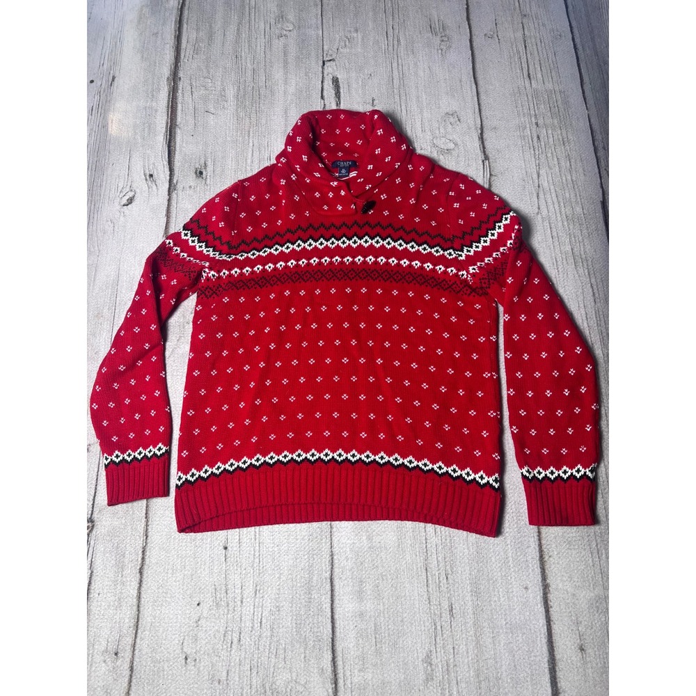 CHAPS Red Fair Isle Snowflake Shawl Collar Sweater Women's XL 100%‎ Cotton